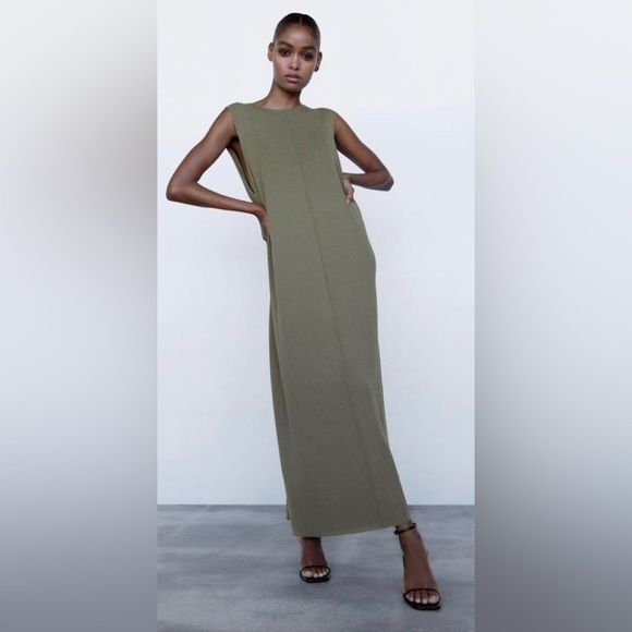 Women’s ZARA oversized kaki green knit deep‎ V open back maxi dress Size small - Picture 1 of 15